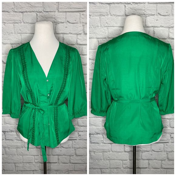 New York & Company Tops - New York & Co. Green Satin Jeweled Button